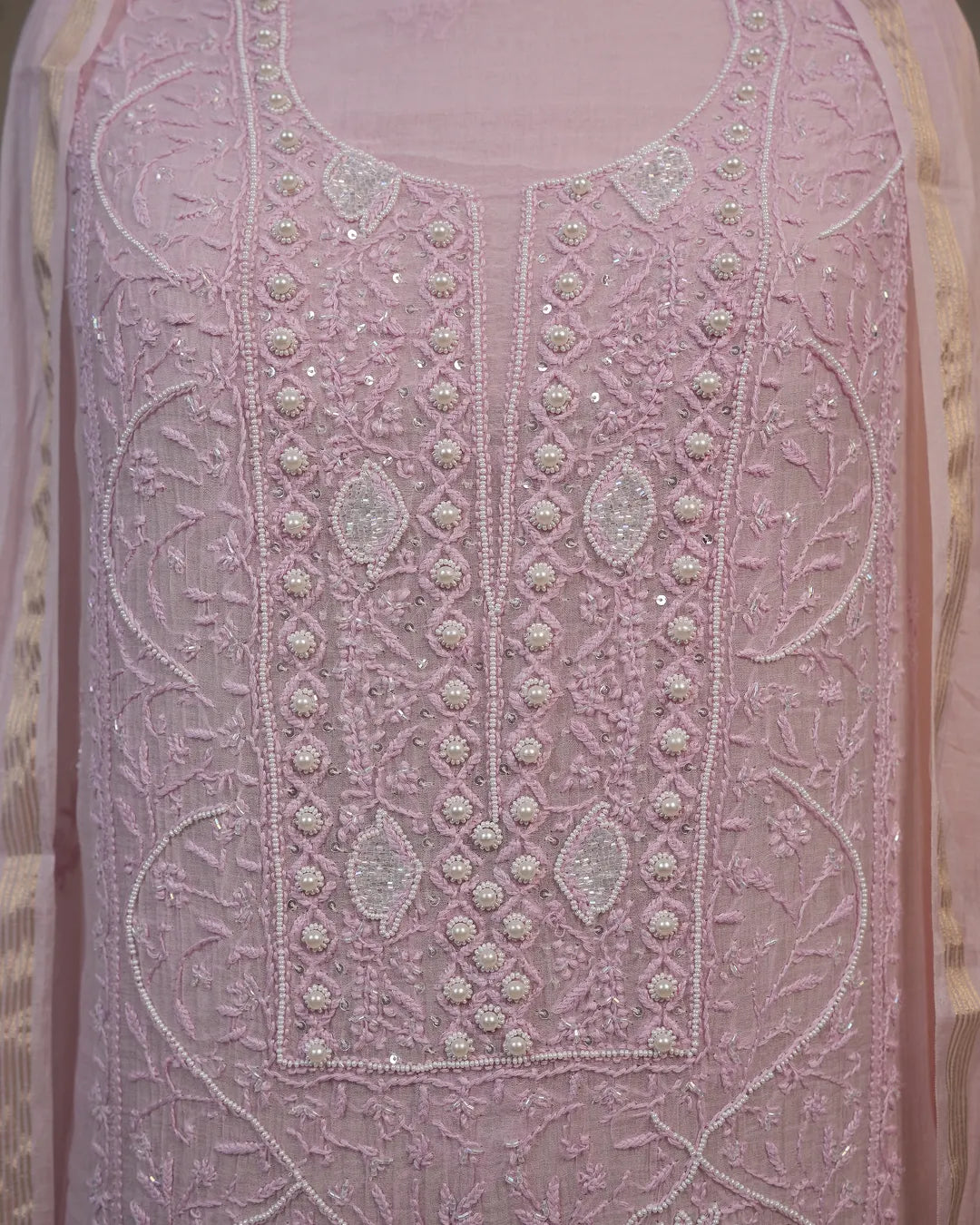 Blush Pink Handcrafted Lucknowi Chikankari Luxury Unstitched Suit Set with Dupatta