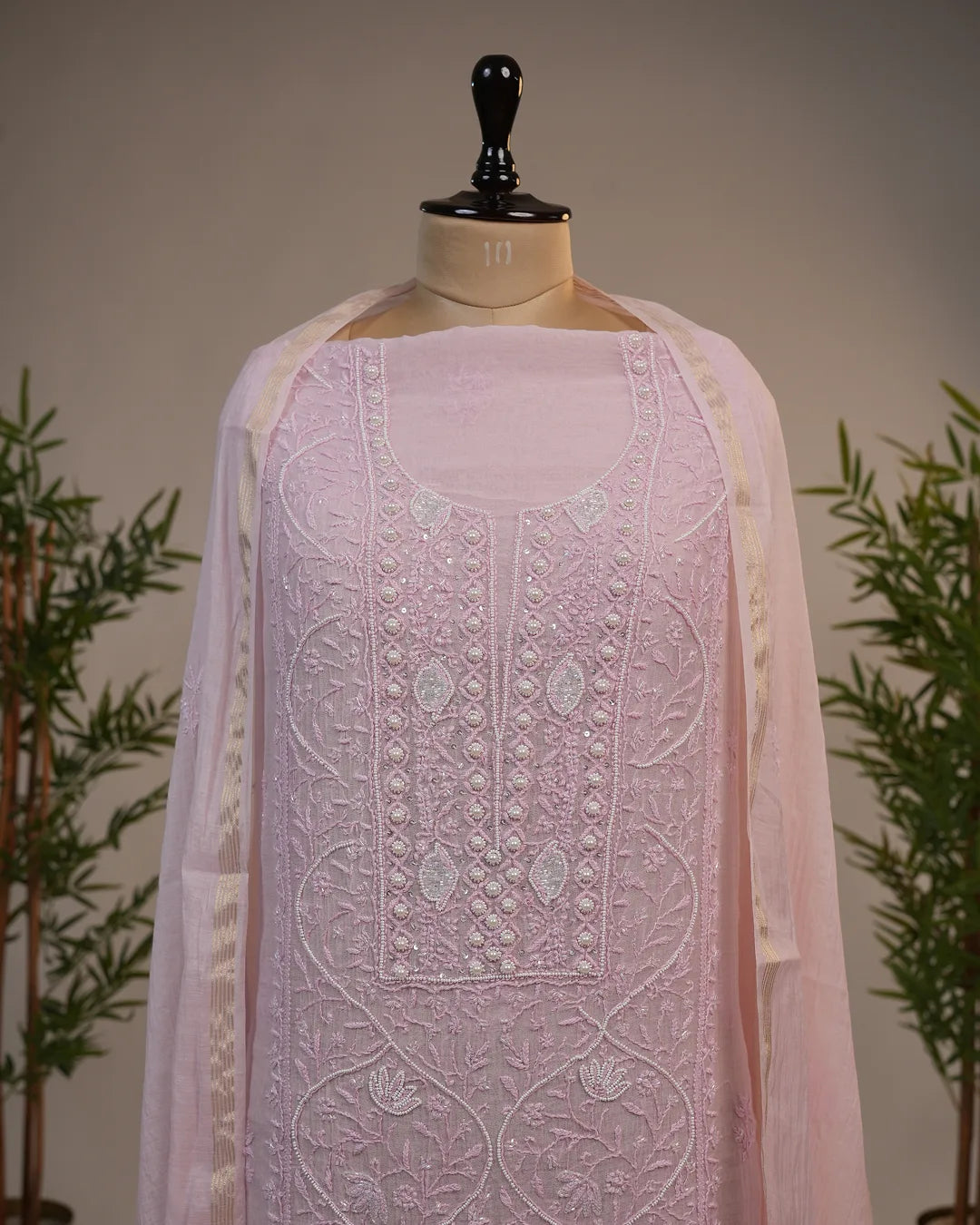 Blush Pink Handcrafted Lucknowi Chikankari Luxury Unstitched Suit Set with Dupatta