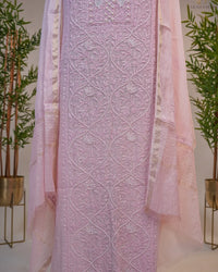 Blush Pink Handcrafted Lucknowi Chikankari Luxury Unstitched Suit Set with Dupatta