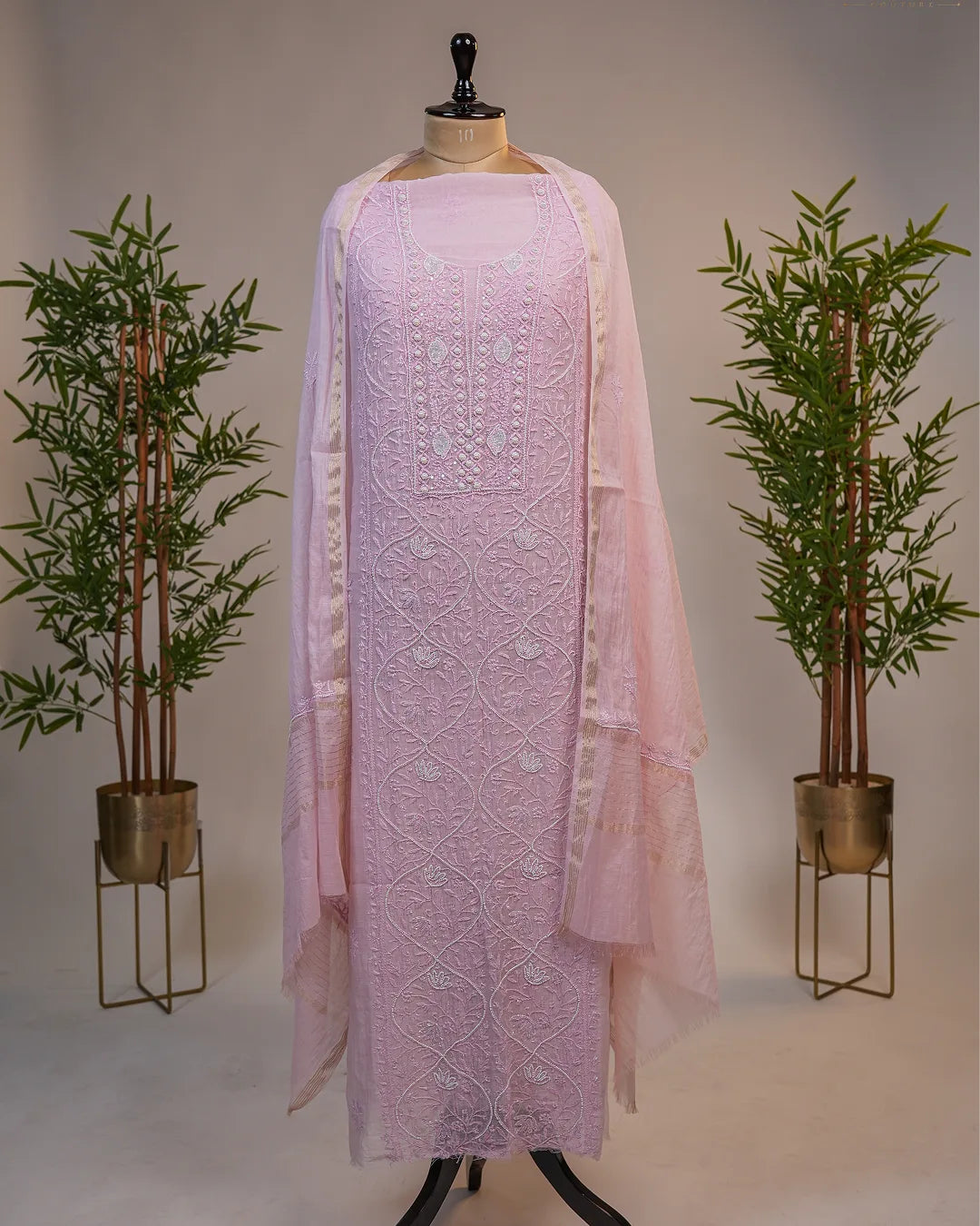 Blush Pink Handcrafted Lucknowi Chikankari Luxury Unstitched Suit Set with Dupatta