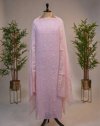 Blush Pink Handcrafted Lucknowi Chikankari Luxury Unstitched Suit Set with Dupatta