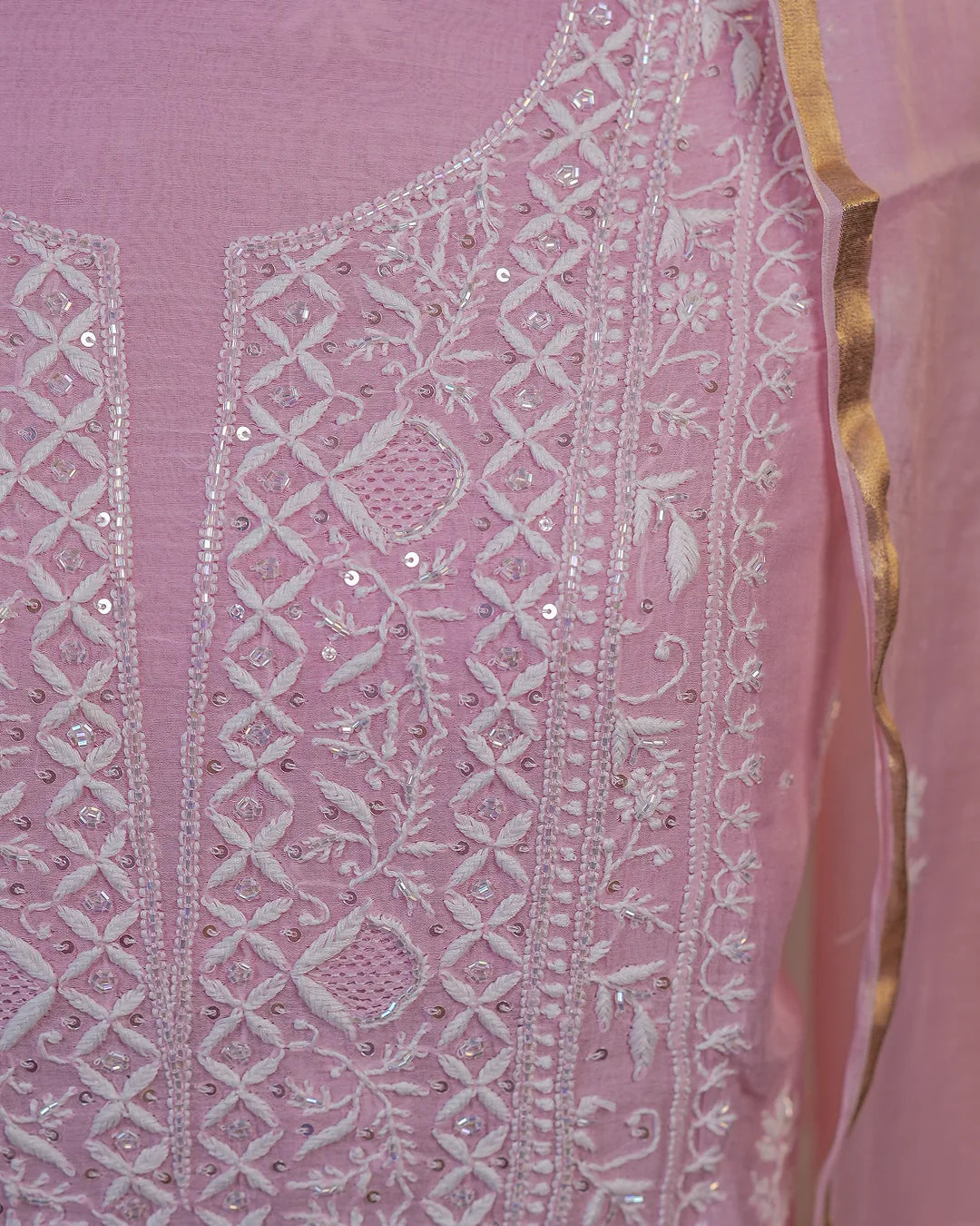 Blush Pink Royal Lucknowi Chikankari Unstitched Designer Suit with Dupatta