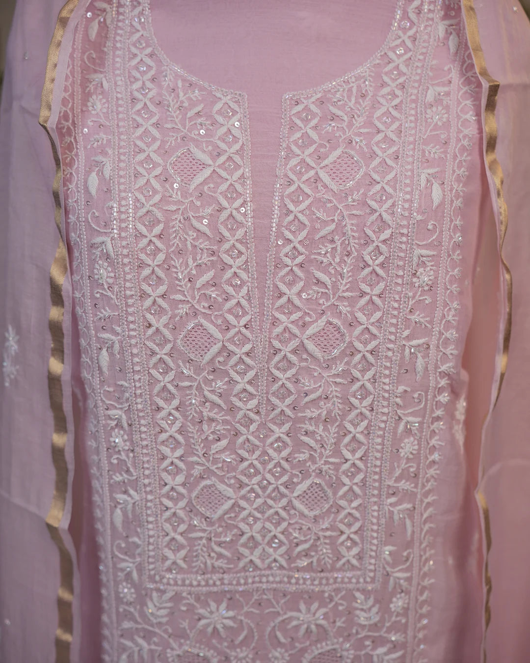 Blush Pink Royal Lucknowi Chikankari Unstitched Designer Suit with Dupatta