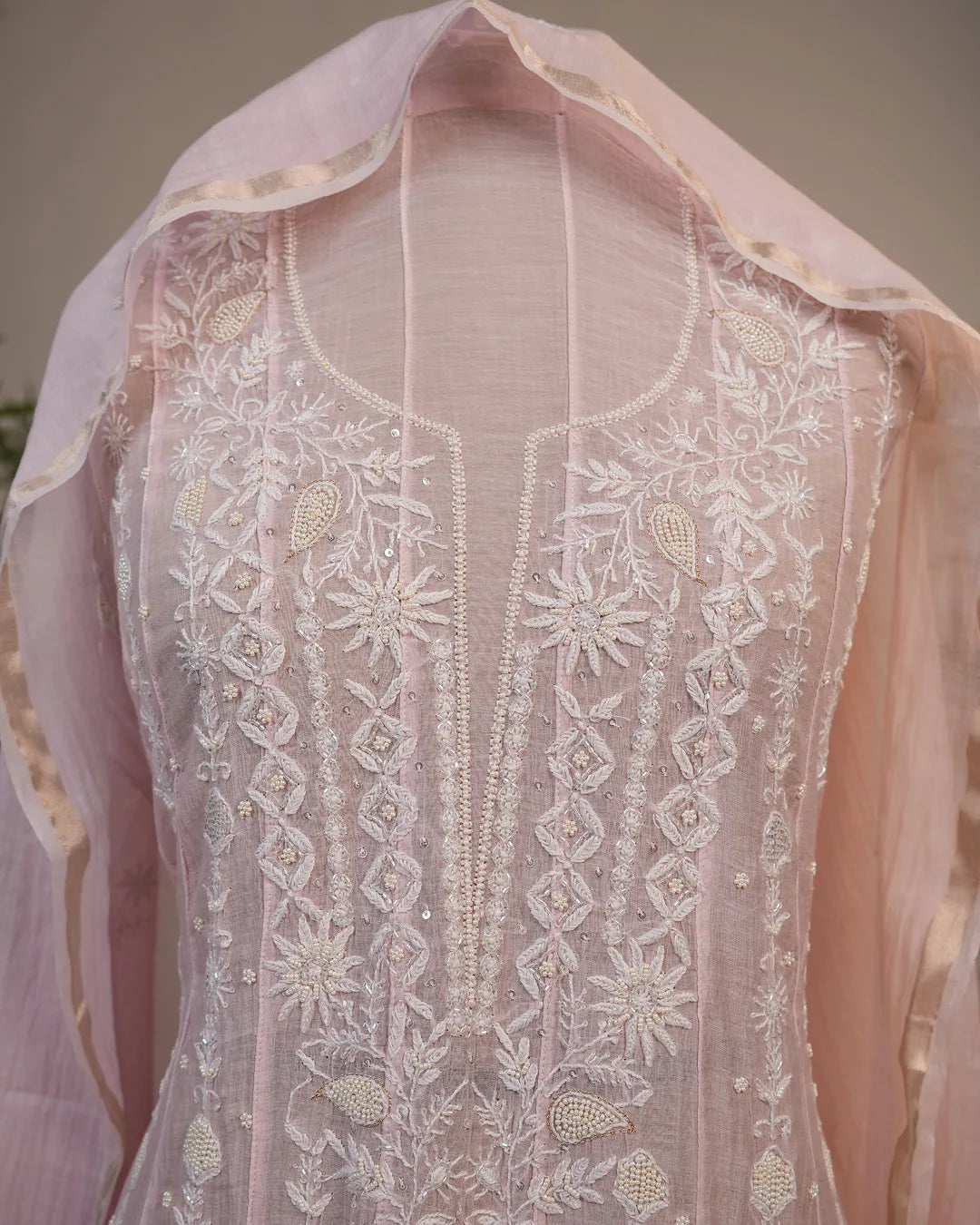 Blush Pink Handcrafted Lucknowi Chikankari Unstitched Ensemble With Dupatta
