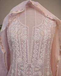 Blush Pink Handcrafted Lucknowi Chikankari Unstitched Ensemble With Dupatta