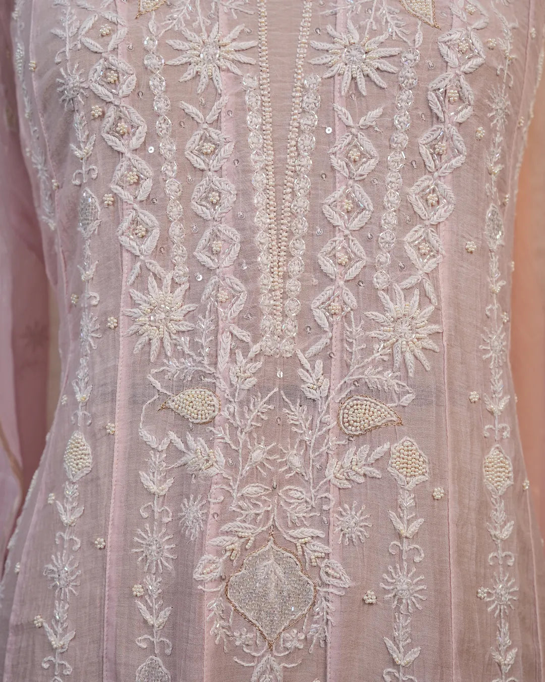 Blush Pink Handcrafted Lucknowi Chikankari Unstitched Ensemble With Dupatta