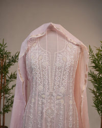 Blush Pink Handcrafted Lucknowi Chikankari Unstitched Ensemble With Dupatta