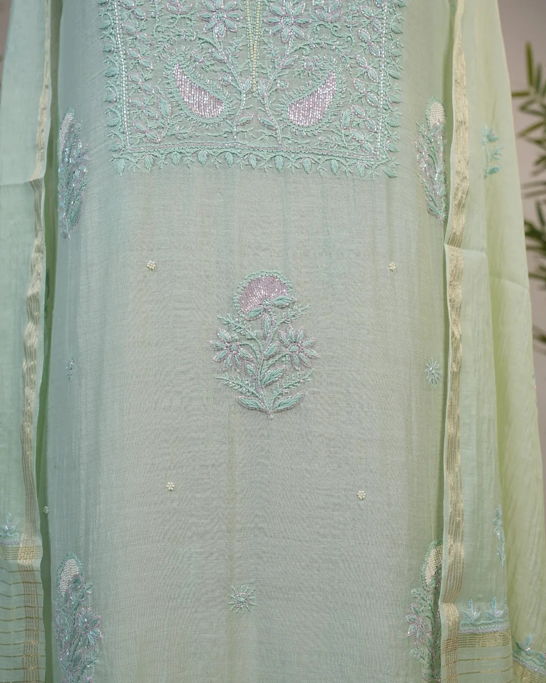 Mint Green Handcrafted Lucknowi Chikankari Unstitched Ensemble With Dupatta