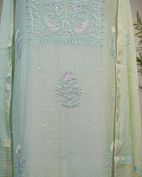 Mint Green Handcrafted Lucknowi Chikankari Unstitched Ensemble With Dupatta