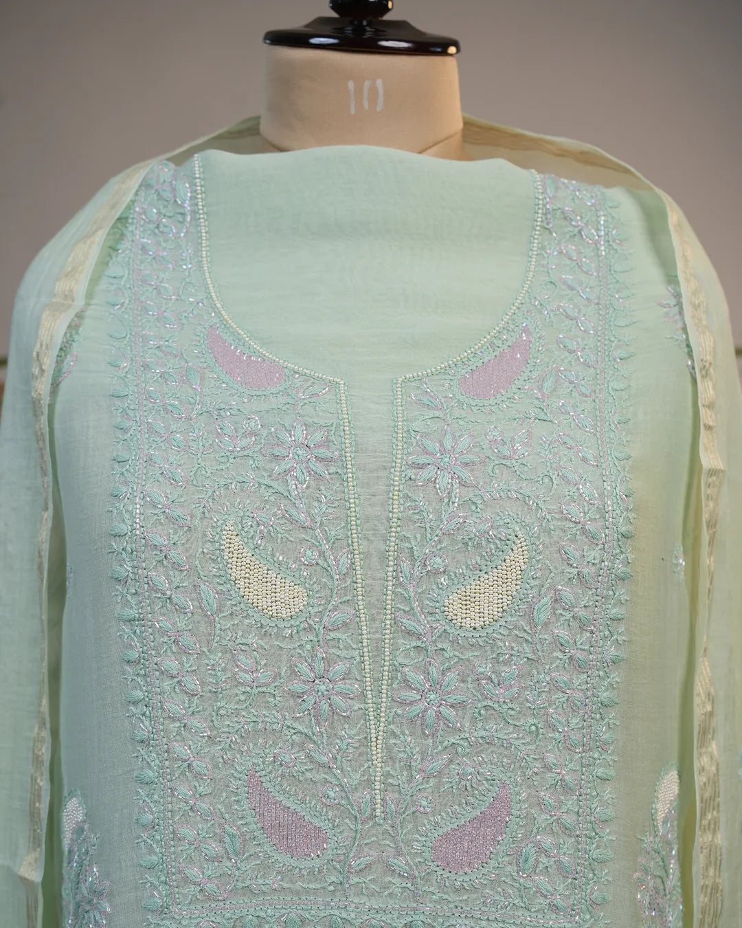 Mint Green Handcrafted Lucknowi Chikankari Unstitched Ensemble With Dupatta