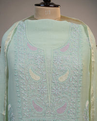 Mint Green Handcrafted Lucknowi Chikankari Unstitched Ensemble With Dupatta