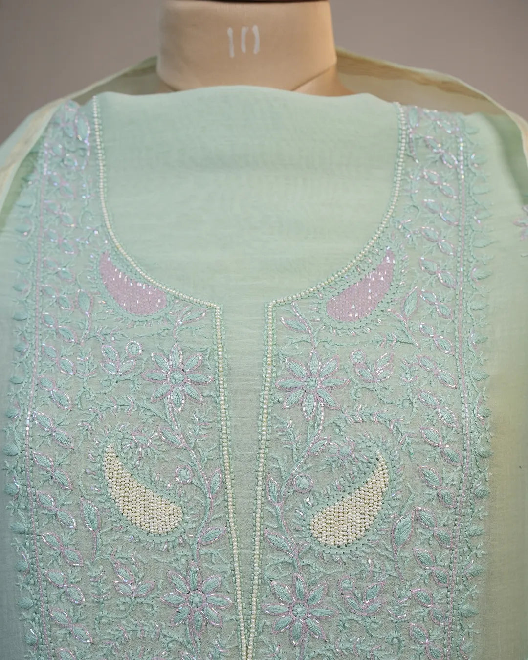Mint Green Handcrafted Lucknowi Chikankari Unstitched Ensemble With Dupatta