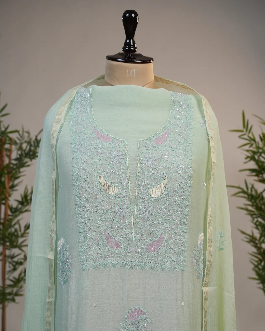 Mint Green Handcrafted Lucknowi Chikankari Unstitched Ensemble With Dupatta