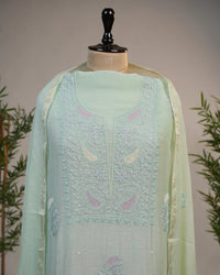 Mint Green Handcrafted Lucknowi Chikankari Unstitched Ensemble With Dupatta