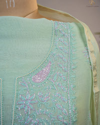 Mint Green Handcrafted Lucknowi Chikankari Unstitched Ensemble With Dupatta