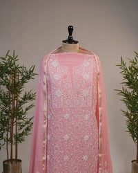 Blush Pink Handcrafted Lucknowi Chikankari Unstitched Ensemble With Dupatta