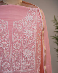 Blush Pink Handcrafted Lucknowi Chikankari Unstitched Ensemble With Dupatta