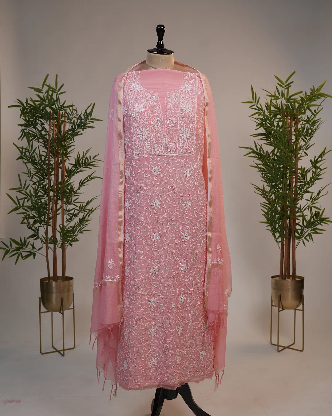 Blush Pink Handcrafted Lucknowi Chikankari Unstitched Ensemble With Dupatta