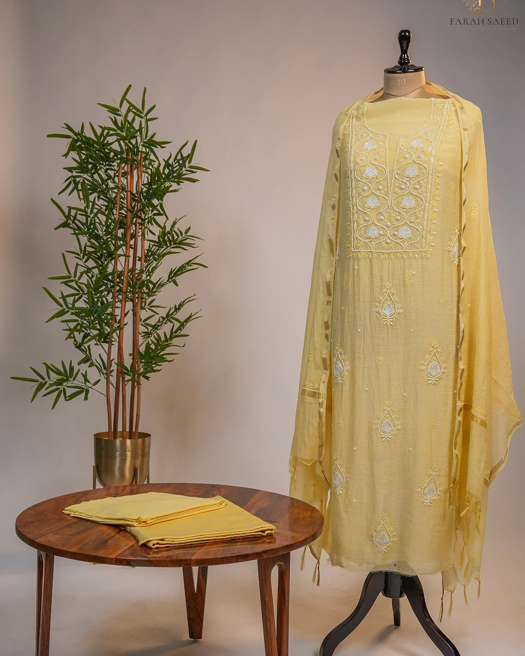 Butter Yellow Handcrafted Lucknowi Chikankari Unstitched Ensemble With Dupatta