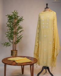 Butter Yellow Handcrafted Lucknowi Chikankari Unstitched Ensemble With Dupatta