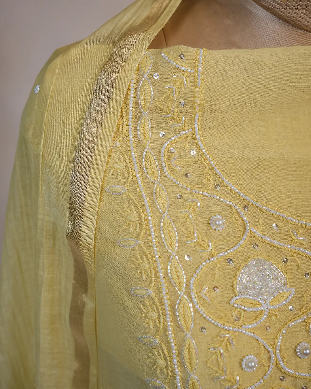 Butter Yellow Handcrafted Lucknowi Chikankari Unstitched Ensemble With Dupatta
