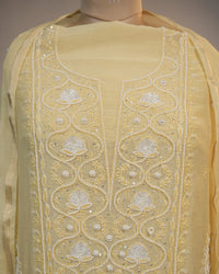 Butter Yellow Handcrafted Lucknowi Chikankari Unstitched Ensemble With Dupatta