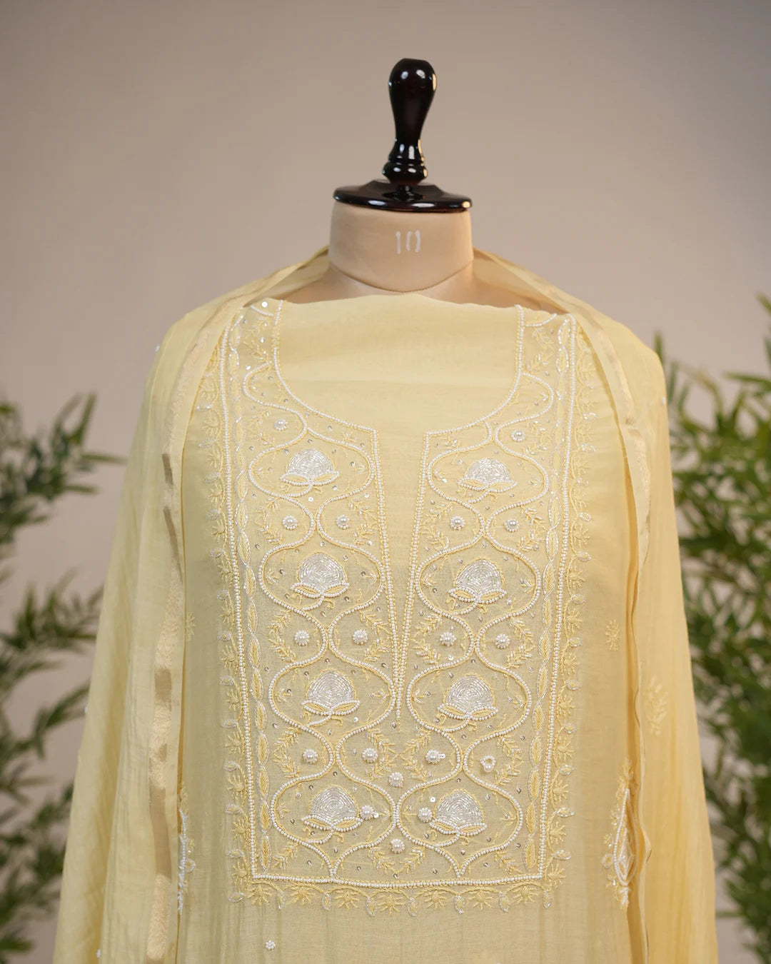 Butter Yellow Handcrafted Lucknowi Chikankari Unstitched Ensemble With Dupatta