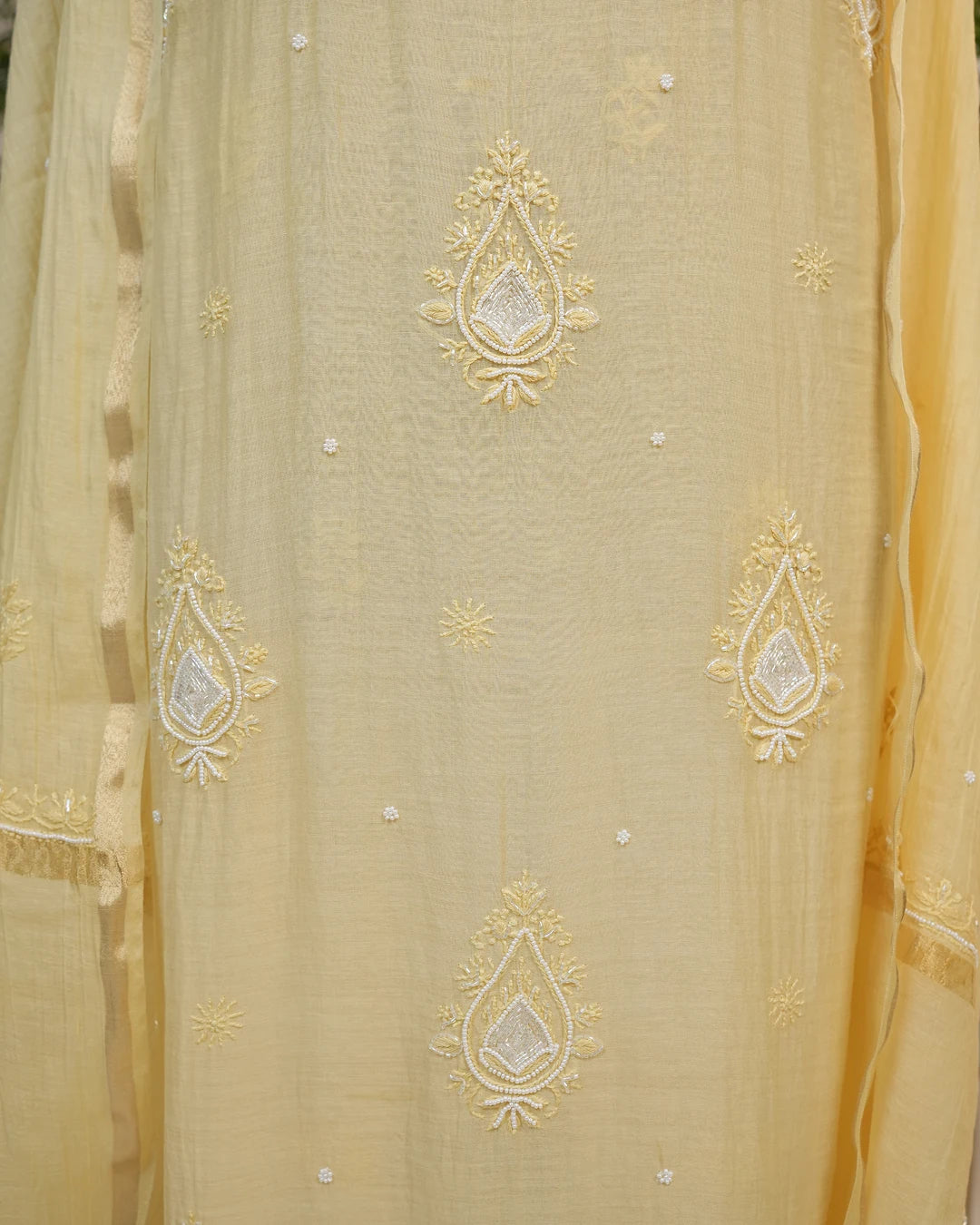Butter Yellow Handcrafted Lucknowi Chikankari Unstitched Ensemble With Dupatta