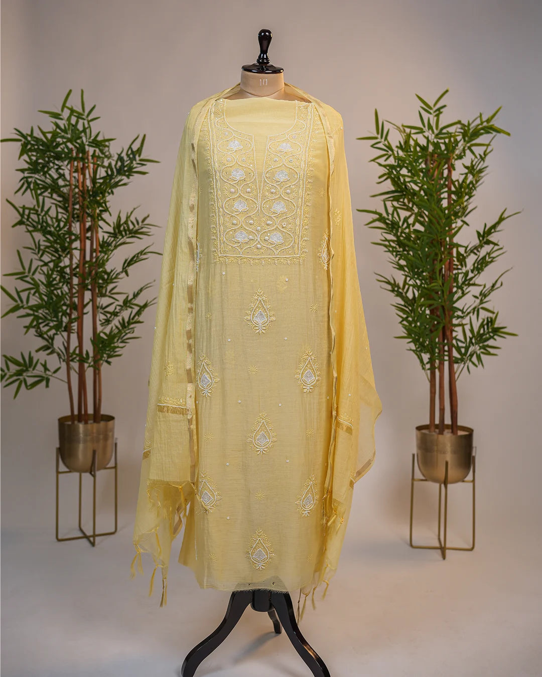 Butter Yellow Handcrafted Lucknowi Chikankari Unstitched Ensemble With Dupatta