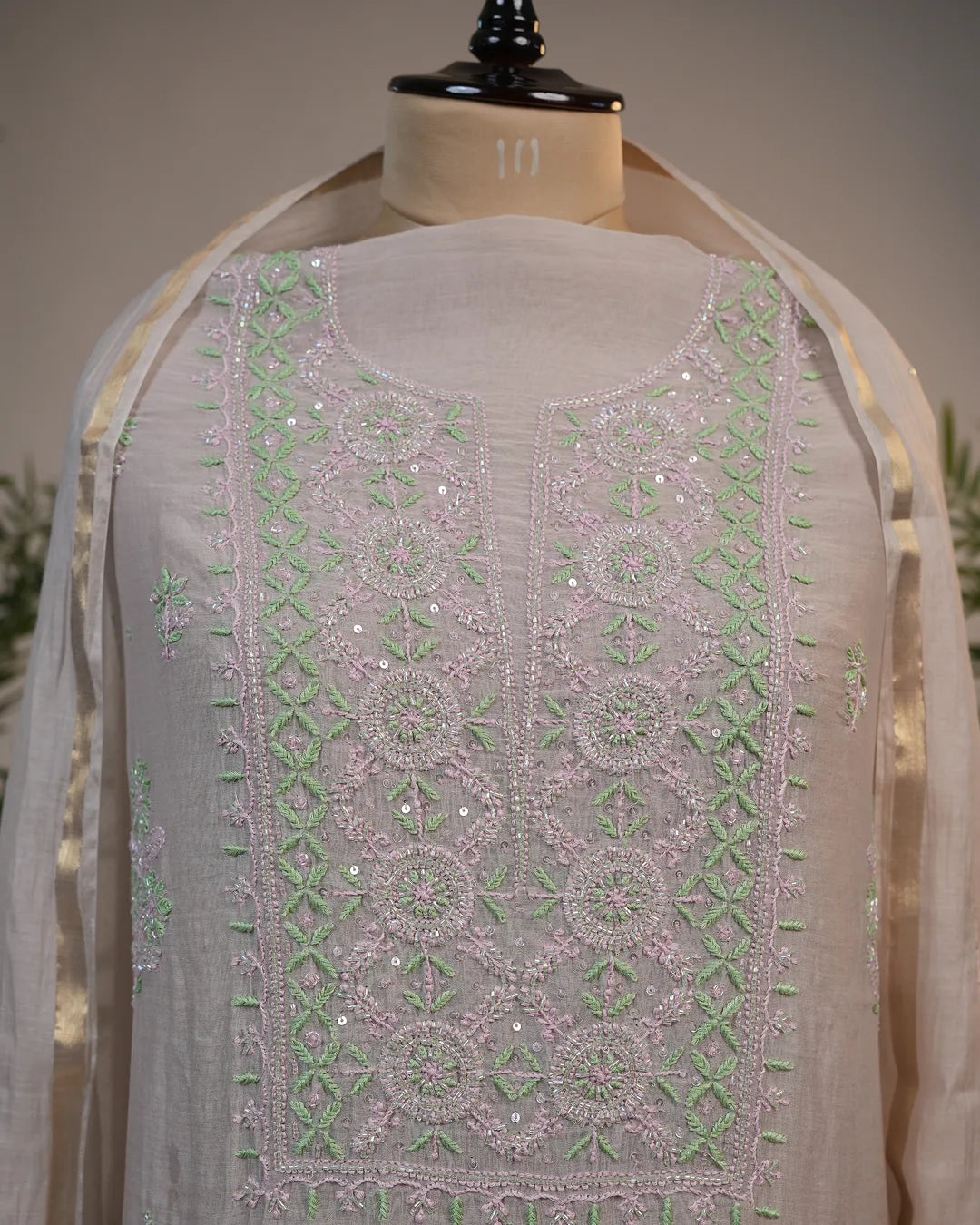 Ivory Beige Handcrafted Lucknowi Chikankari Unstitched Ensemble With Dupatta