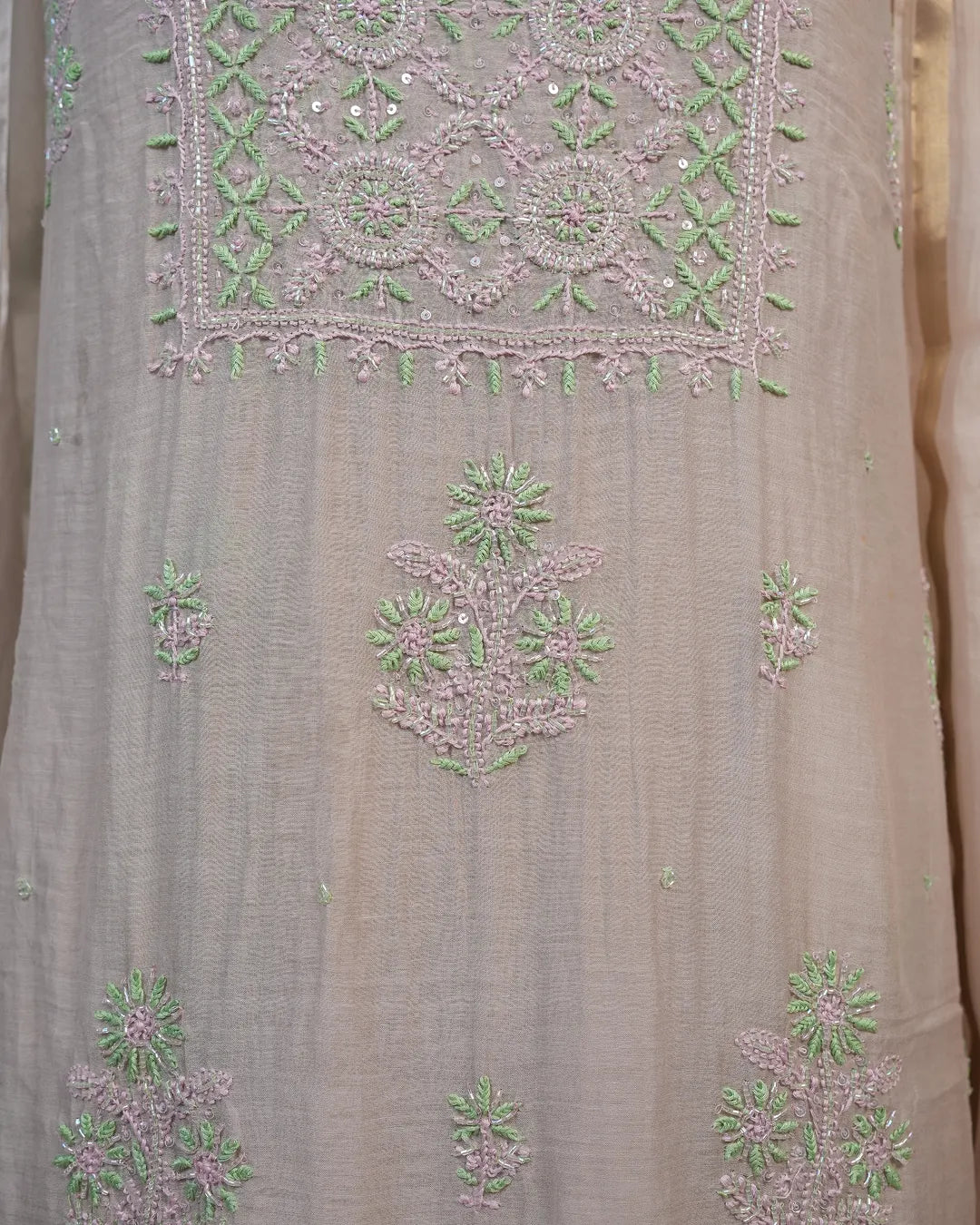 Ivory Beige Handcrafted Lucknowi Chikankari Unstitched Ensemble With Dupatta