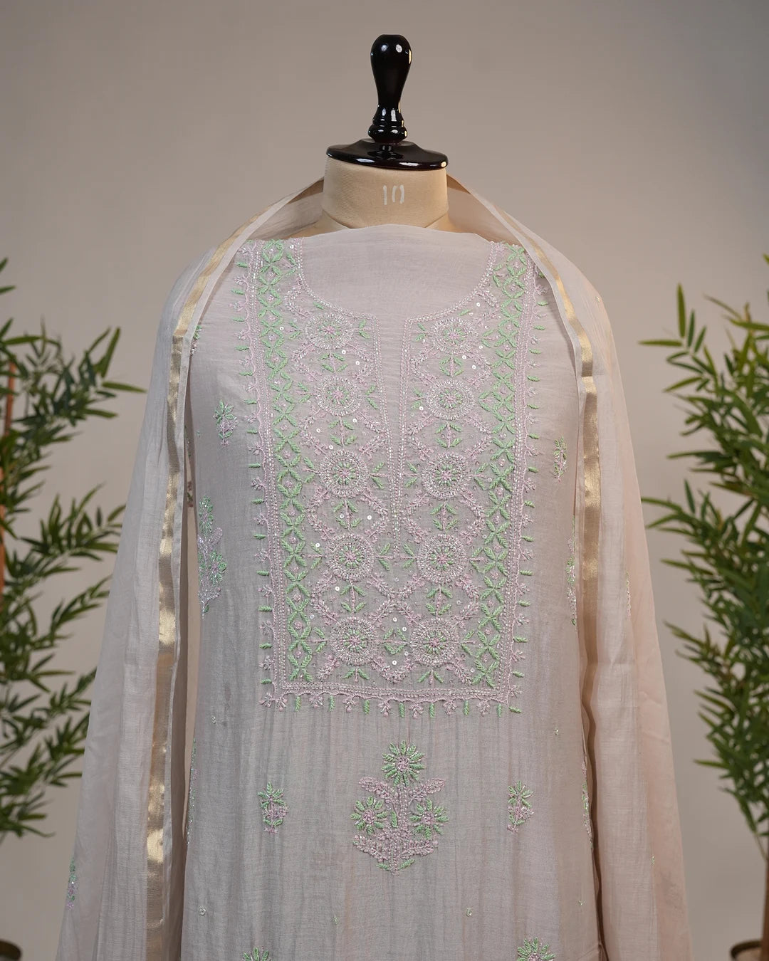 Ivory Beige Handcrafted Lucknowi Chikankari Unstitched Ensemble With Dupatta
