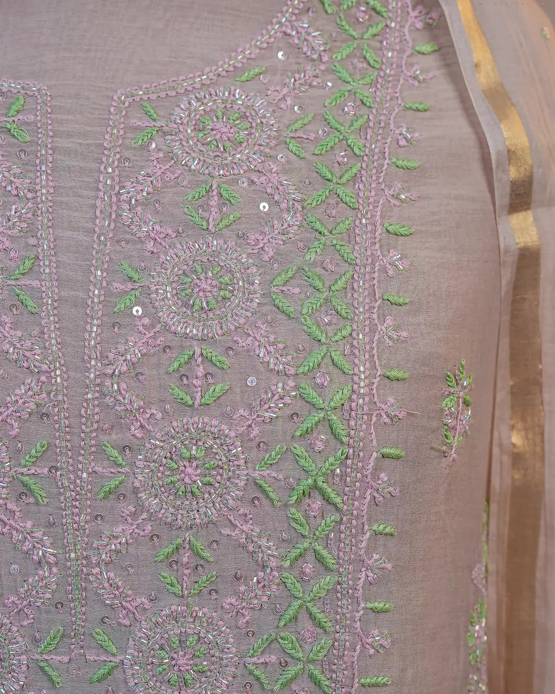 Ivory Beige Handcrafted Lucknowi Chikankari Unstitched Ensemble With Dupatta