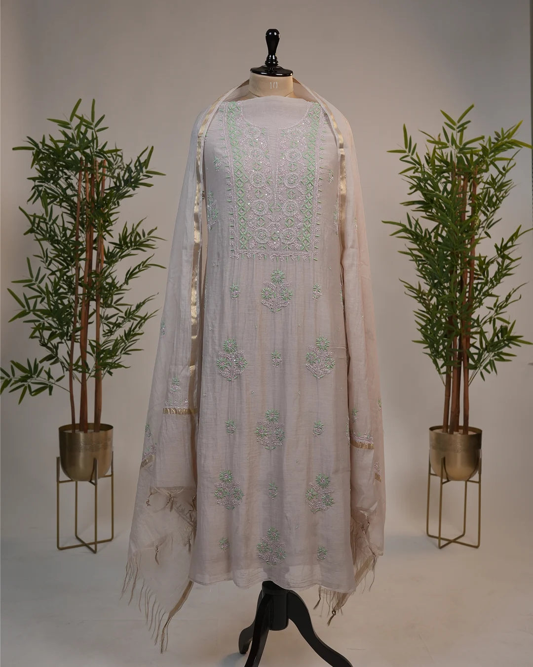 Ivory Beige Handcrafted Lucknowi Chikankari Unstitched Ensemble With Dupatta