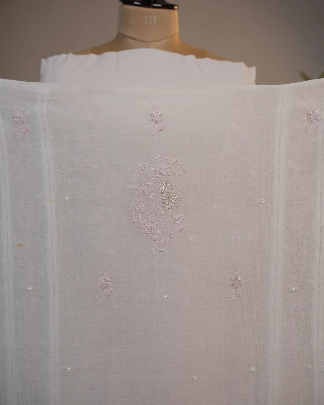Ivory White Handcrafted Lucknowi Chikankari Unstitched Ensemble With Dupatta