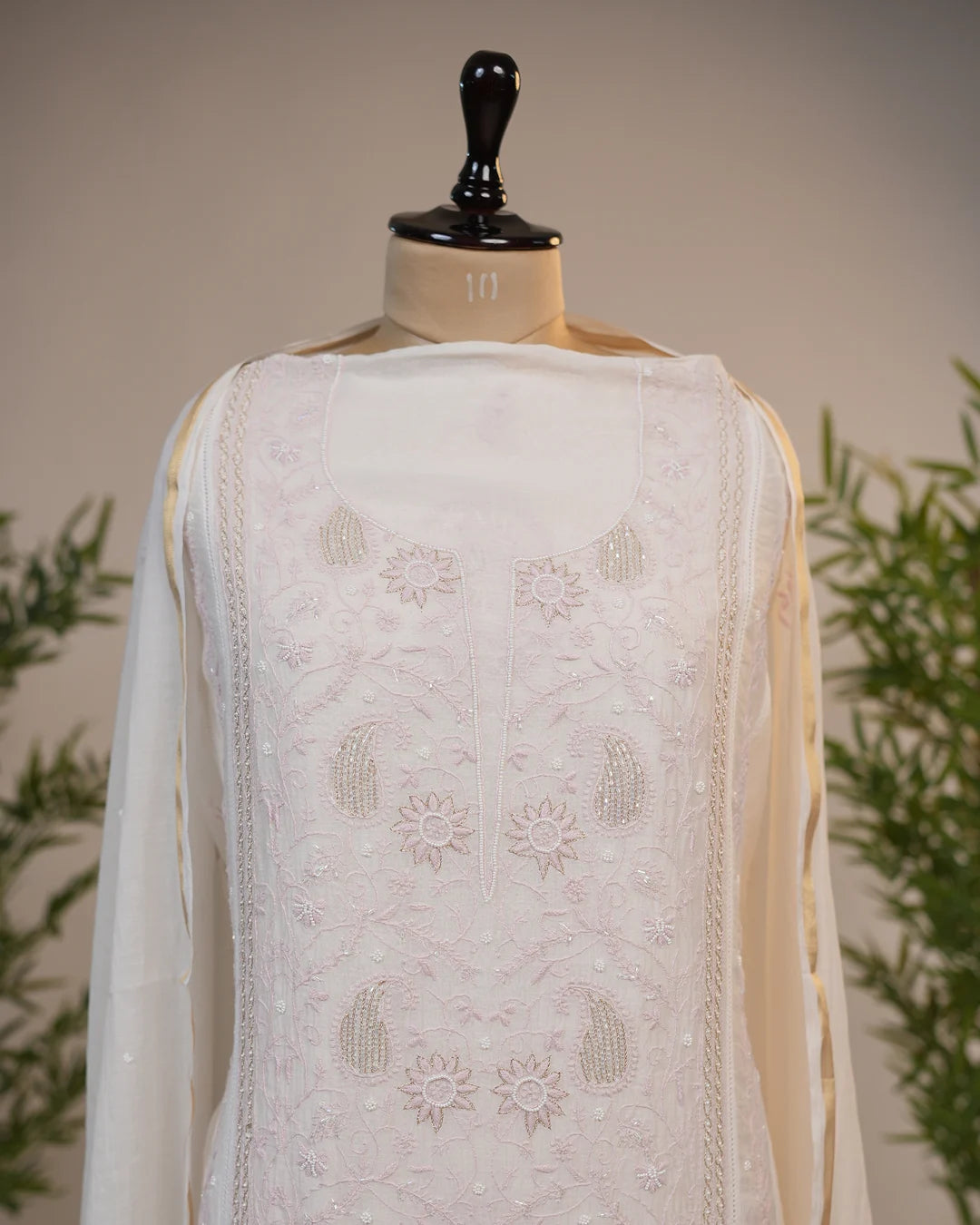 Ivory White Handcrafted Lucknowi Chikankari Unstitched Ensemble With Dupatta