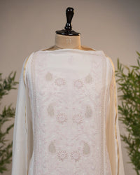 Ivory White Handcrafted Lucknowi Chikankari Unstitched Ensemble With Dupatta