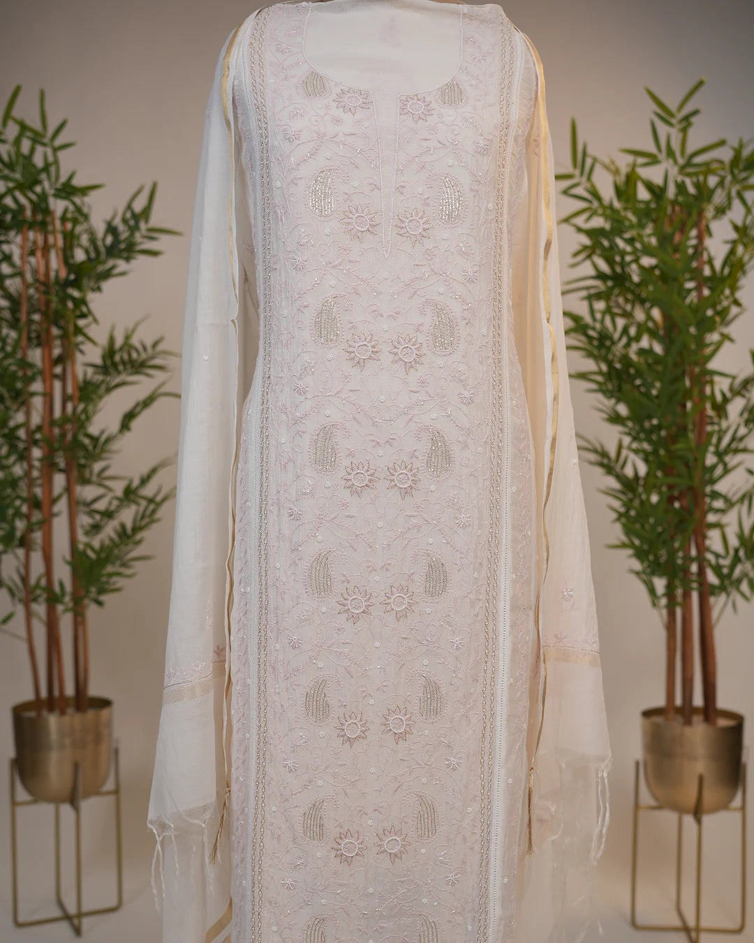 Ivory White Handcrafted Lucknowi Chikankari Unstitched Ensemble With Dupatta