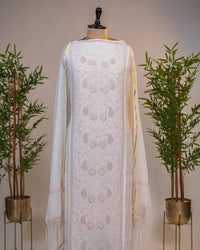 Ivory White Handcrafted Lucknowi Chikankari Unstitched Ensemble With Dupatta