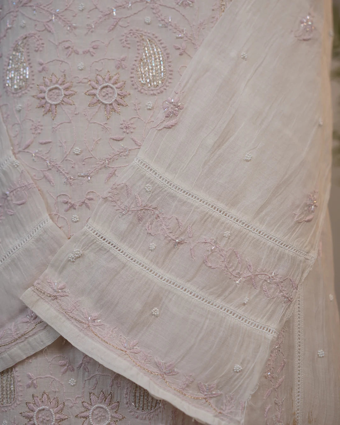 Ivory White Handcrafted Lucknowi Chikankari Unstitched Ensemble With Dupatta
