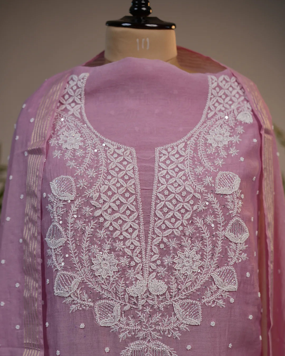 Rose Pink Handcrafted Lucknowi Chikankari Unstitched Ensemble With Dupatta