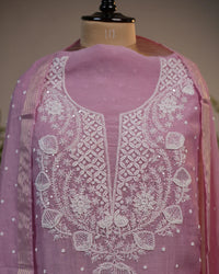 Rose Pink Handcrafted Lucknowi Chikankari Unstitched Ensemble With Dupatta