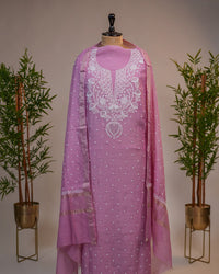 Rose Pink Handcrafted Lucknowi Chikankari Unstitched Ensemble With Dupatta