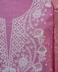 Rose Pink Handcrafted Lucknowi Chikankari Unstitched Ensemble With Dupatta