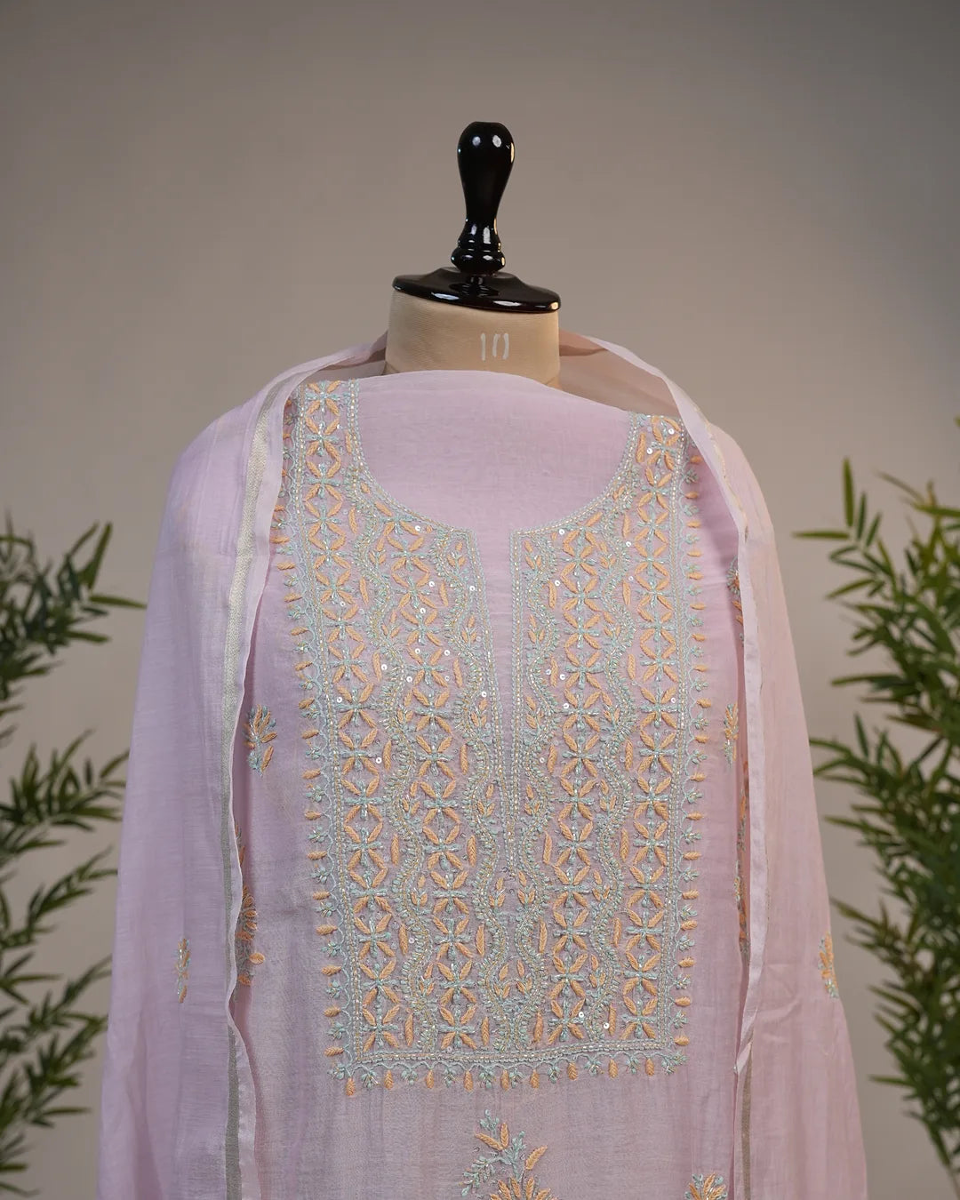 Blush Pink Handcrafted Lucknowi Chikankari Unstitched Ensemble With Dupatta