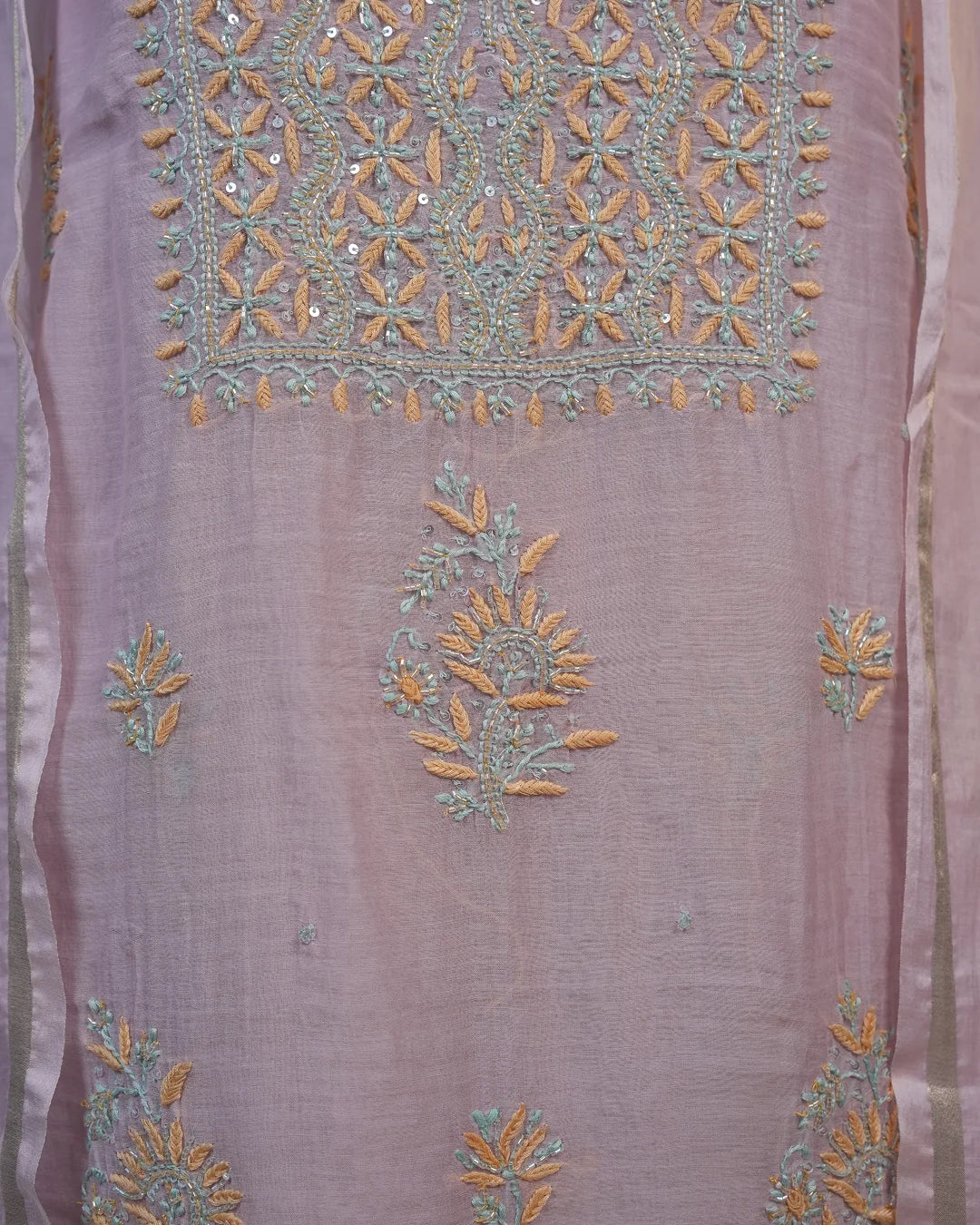 Blush Pink Handcrafted Lucknowi Chikankari Unstitched Ensemble With Dupatta
